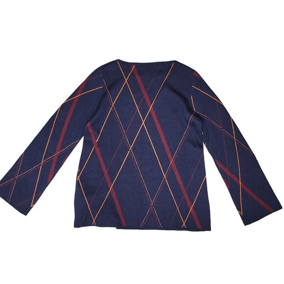 Luisa Spagnoli Pure New Wool Argyle Sweater M Navy/Red/Orange Made In Italy - Picture 2 of 8